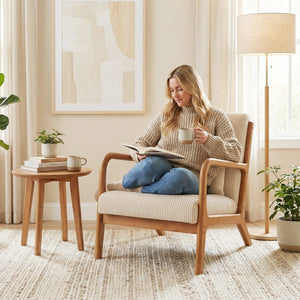 Accent Chair Corduroy Upholstered Lounge Chair with Lumbar Pillow-Beige view 3