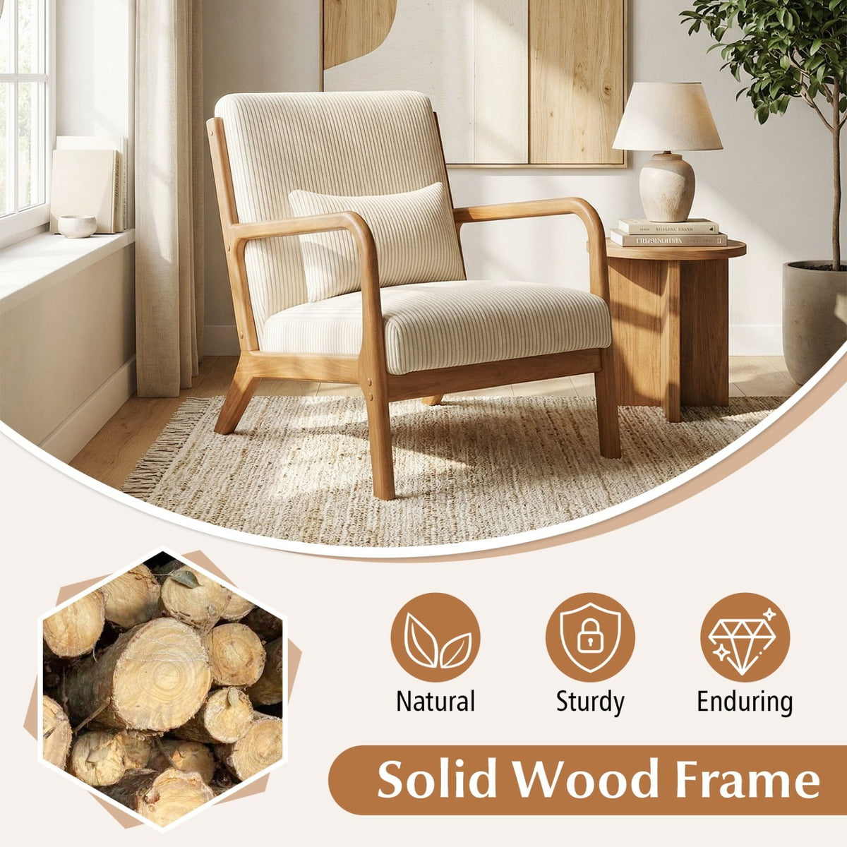 Accent Chair Corduroy Upholstered Lounge Chair with Lumbar Pillow-Beige view 7
