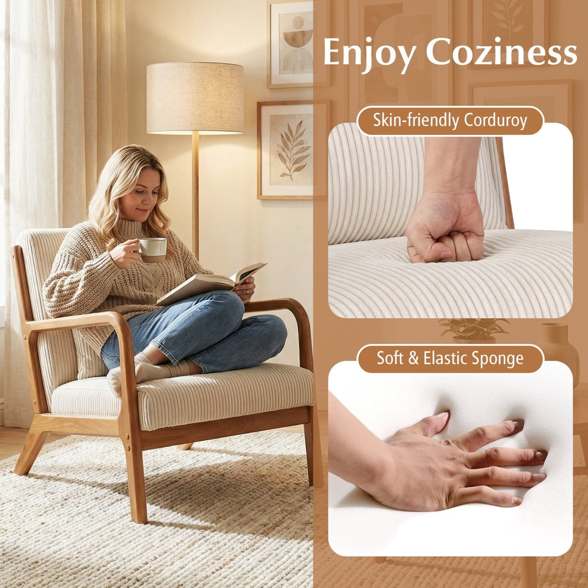 Accent Chair Corduroy Upholstered Lounge Chair with Lumbar Pillow-Beige view 8