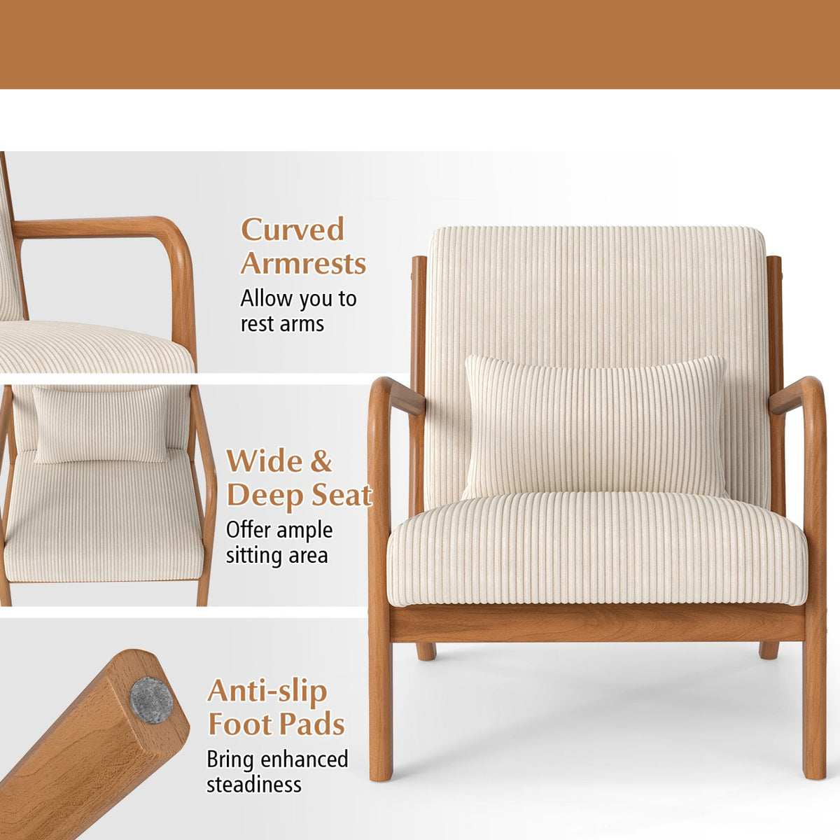 Accent Chair Corduroy Upholstered Lounge Chair with Lumbar Pillow-Beige view 9
