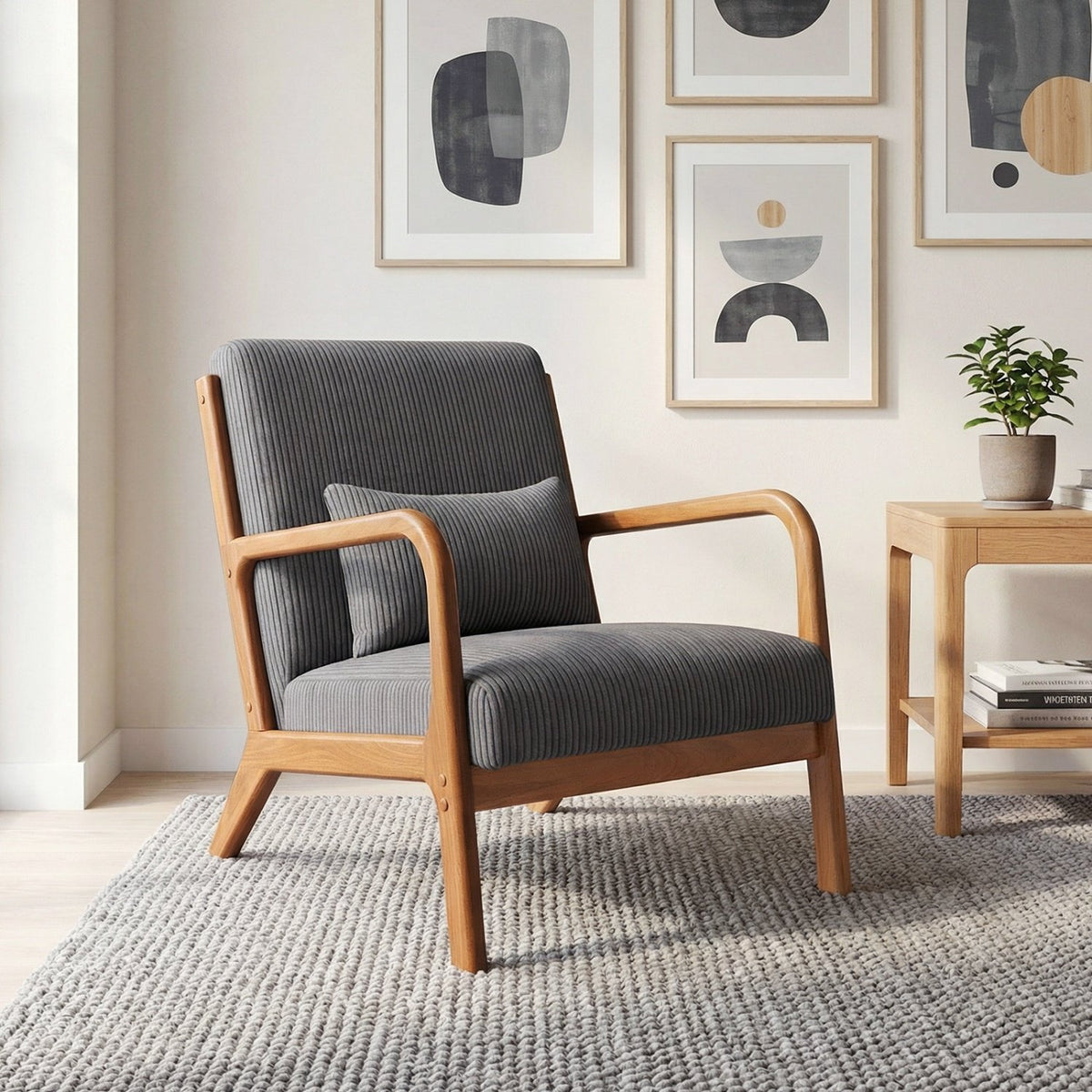 Accent Chair Corduroy Upholstered Lounge Chair with Lumbar Pillow-Gray view 2