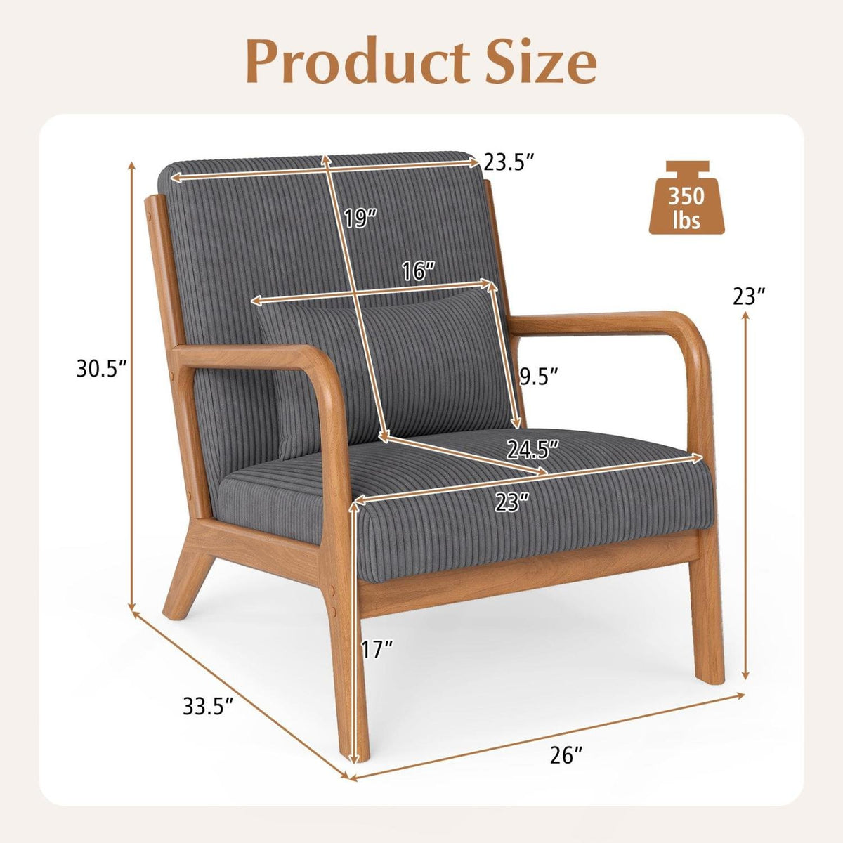 Accent Chair Corduroy Upholstered Lounge Chair with Lumbar Pillow-Gray view 4
