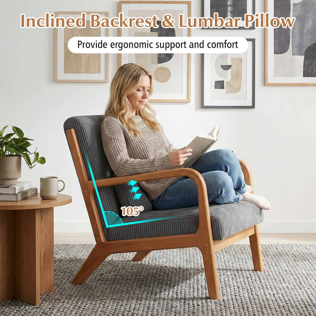 Accent Chair Corduroy Upholstered Lounge Chair with Lumbar Pillow-Gray view 6