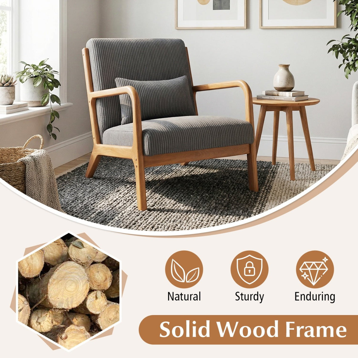 Accent Chair Corduroy Upholstered Lounge Chair with Lumbar Pillow-Gray view 7