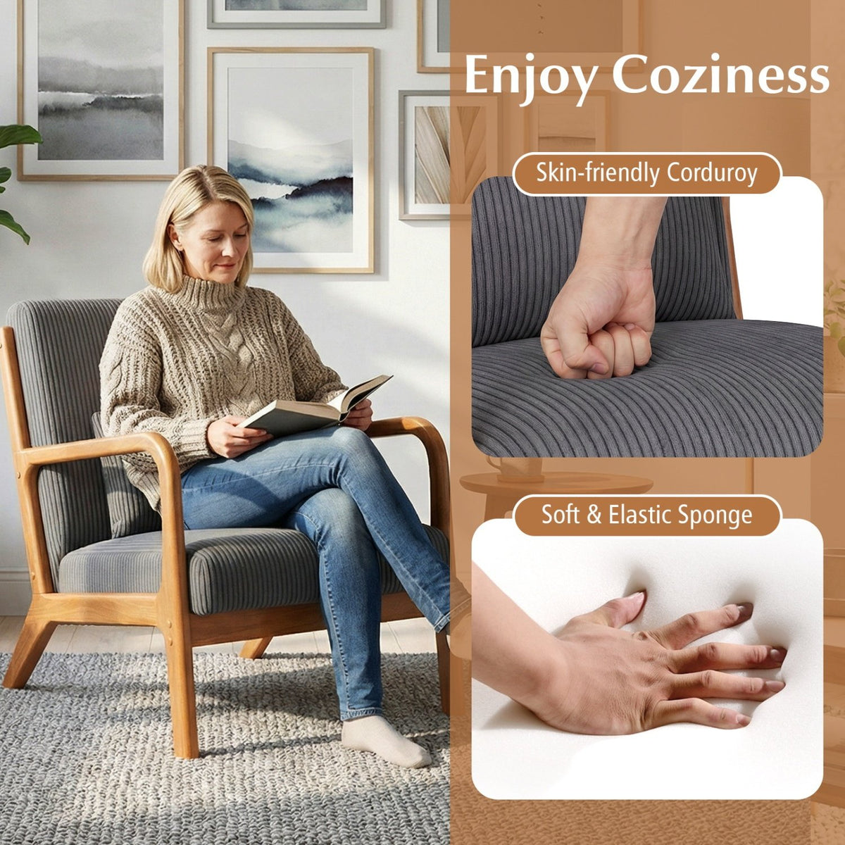 Accent Chair Corduroy Upholstered Lounge Chair with Lumbar Pillow-Gray view 8