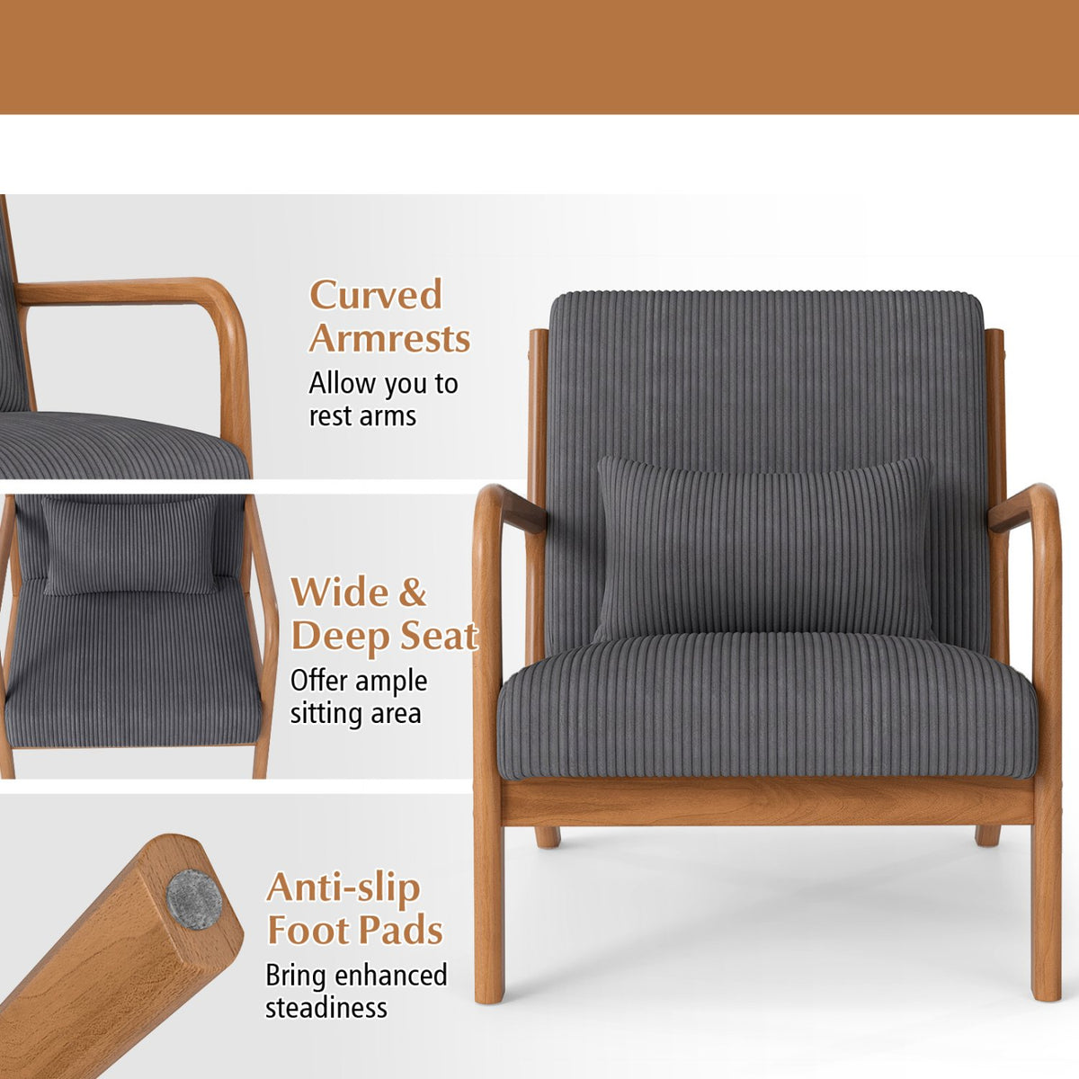Accent Chair Corduroy Upholstered Lounge Chair with Lumbar Pillow-Gray view 9