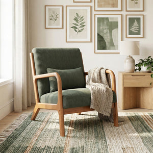 Accent Chair Corduroy Upholstered Lounge Chair with Lumbar Pillow-Green view 2