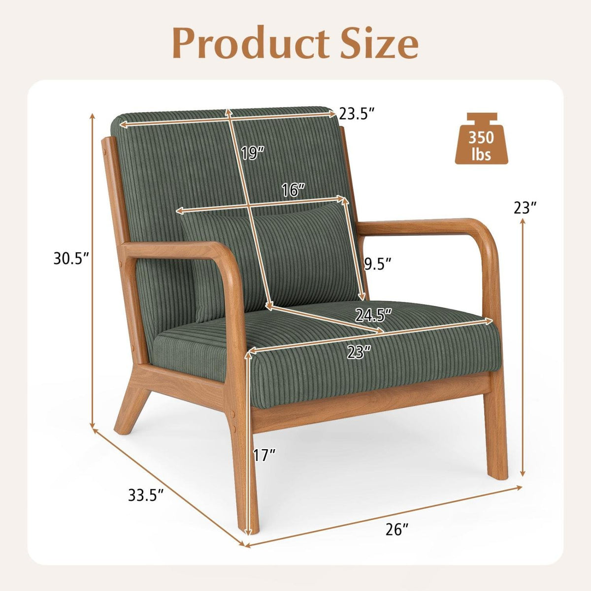 Accent Chair Corduroy Upholstered Lounge Chair with Lumbar Pillow-Green view 4
