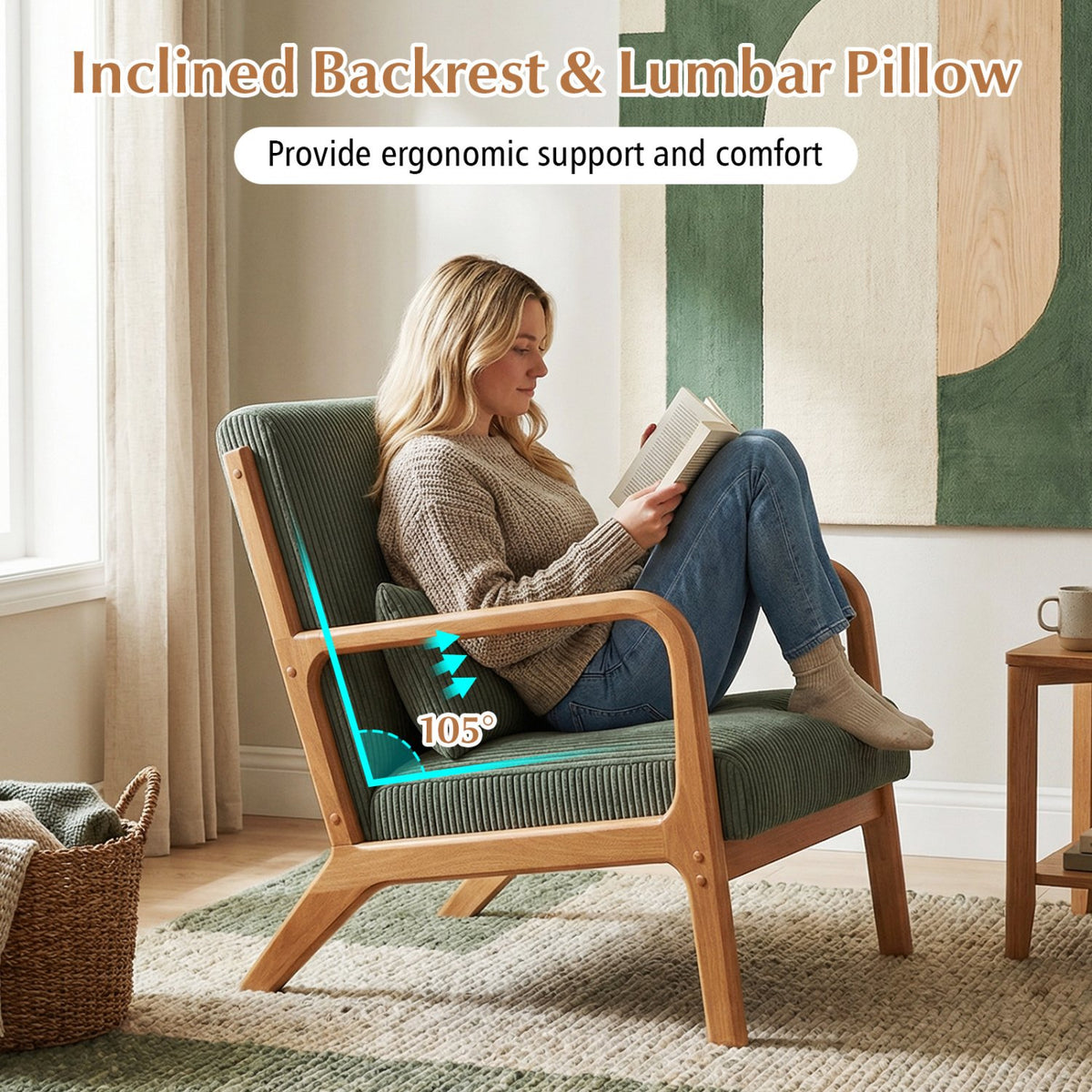 Accent Chair Corduroy Upholstered Lounge Chair with Lumbar Pillow-Green view 6