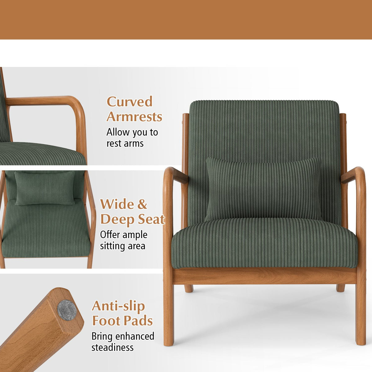 Accent Chair Corduroy Upholstered Lounge Chair with Lumbar Pillow-Green view 9