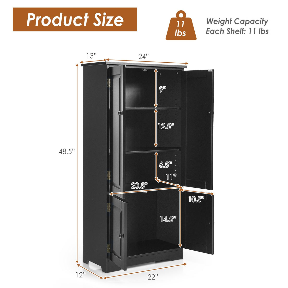 Accent Floor Storage Cabinet with Adjustable Shelves Antique 2-Door-Black view 5