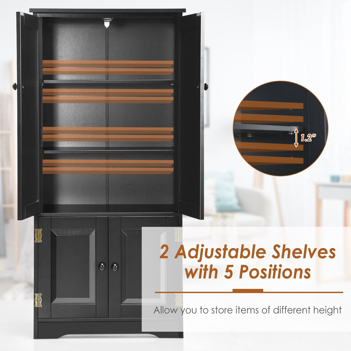 Accent Floor Storage Cabinet with Adjustable Shelves Antique 2-Door-Black view 9