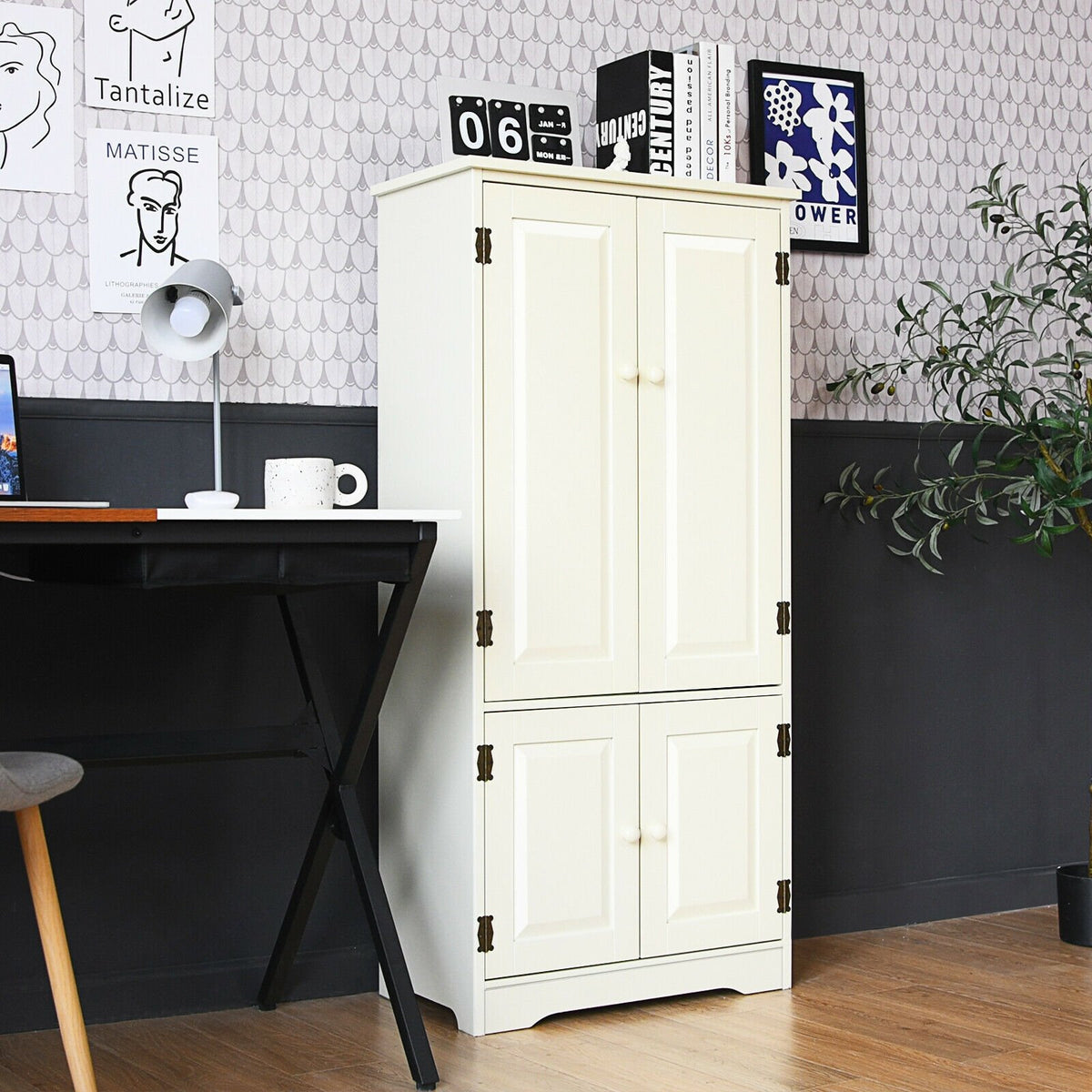 Accent Floor Storage Cabinet with Adjustable Shelves Antique 2-Door-Cream White view 3