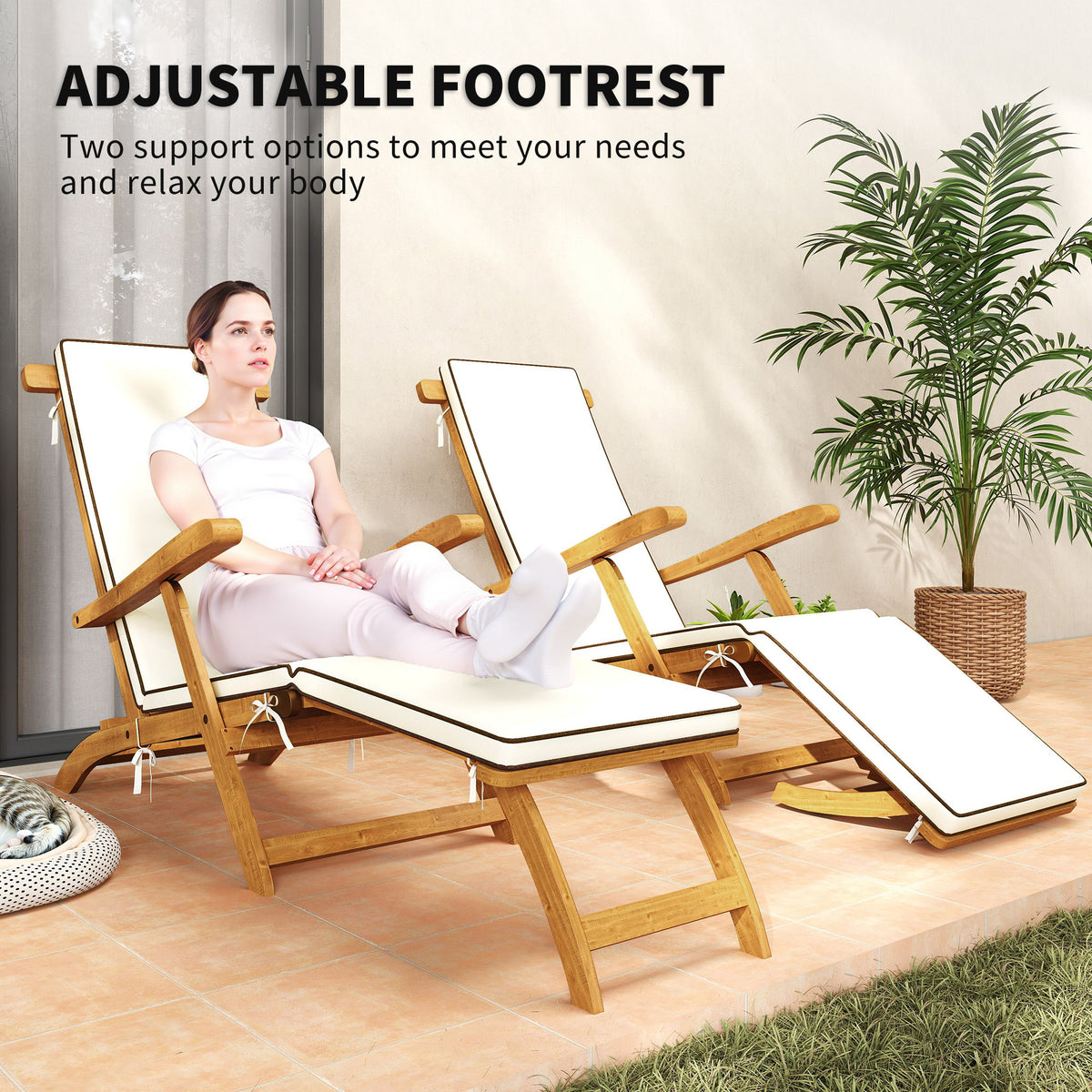 Folding Patio Lounge Chair with Padded Cushion, Acacia Wood Patio Lounger Recliner with Footrest for – view 11