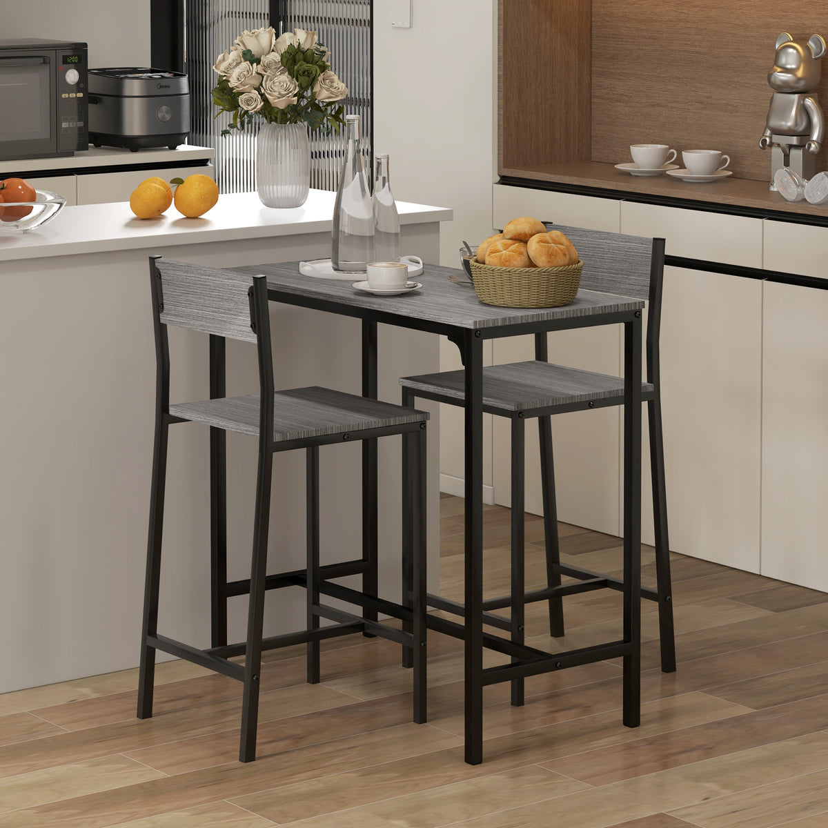 Industrial Bar Table Set Counter Height 3 Piece and 2 High Back Stools Set Dining Table Set Natural Wood