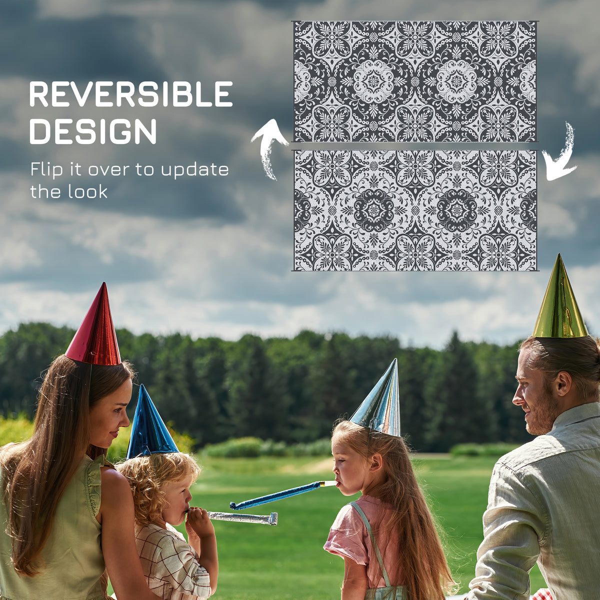 Portable Outdoor Rug with Carry Bag, 9' x 18' Reversible Mat, Waterproof Plastic Straw RV Rug for Backyard, Deck, Picnic, Beach, Camping, Blue & White Flower