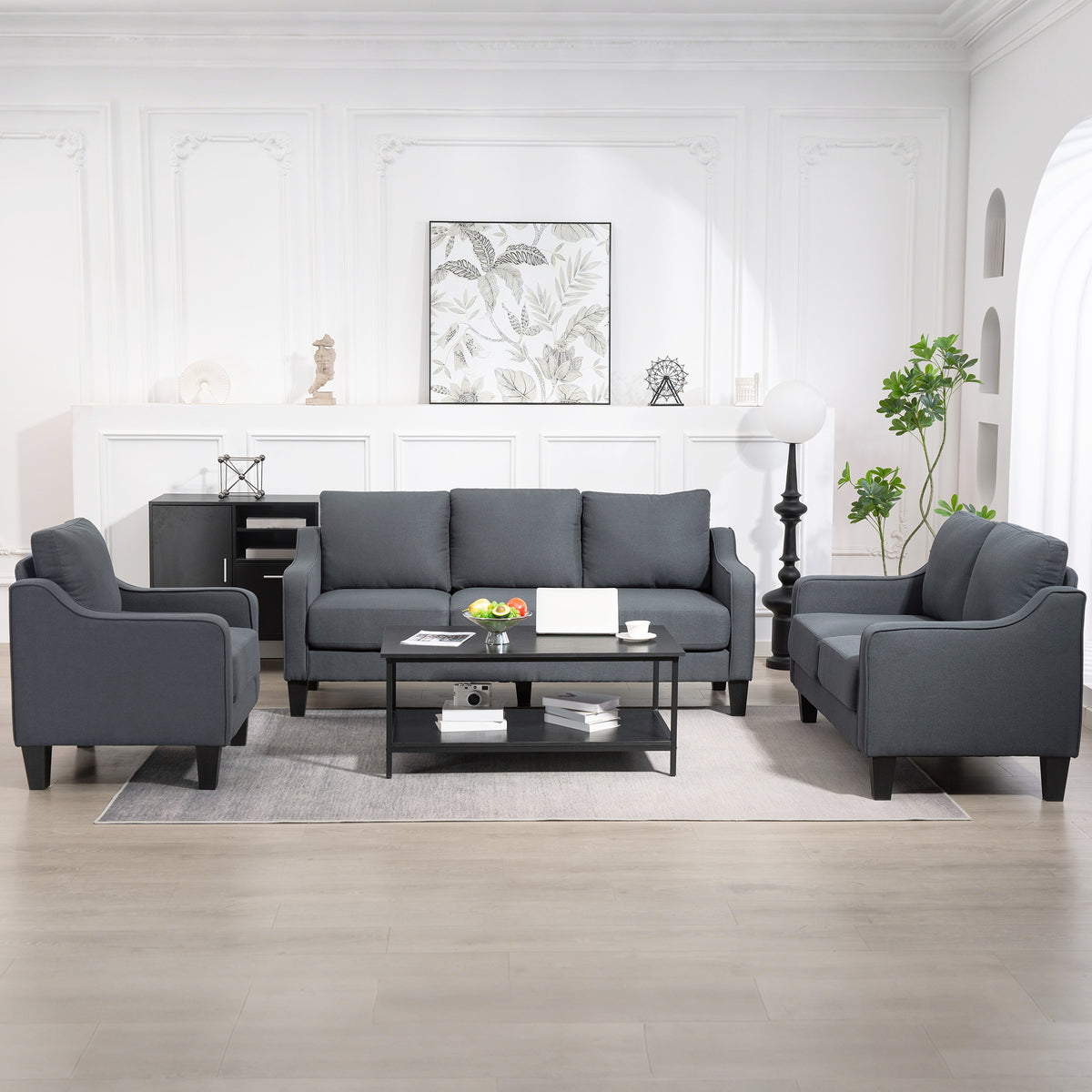 Armchair, Modern Accent Chair with Pocket Spring, Linen Upholstered, Thick Padded, Charcoal Grey