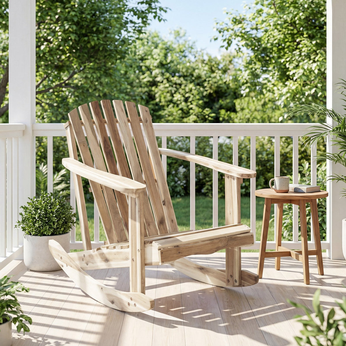 Adirondack Rocking Chair with Slatted Seat and High Fanned Back-Natural view 2