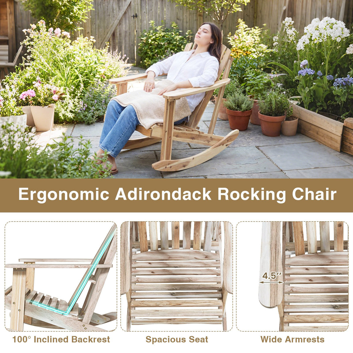 Adirondack Rocking Chair with Slatted Seat and High Fanned Back-Natural view 7
