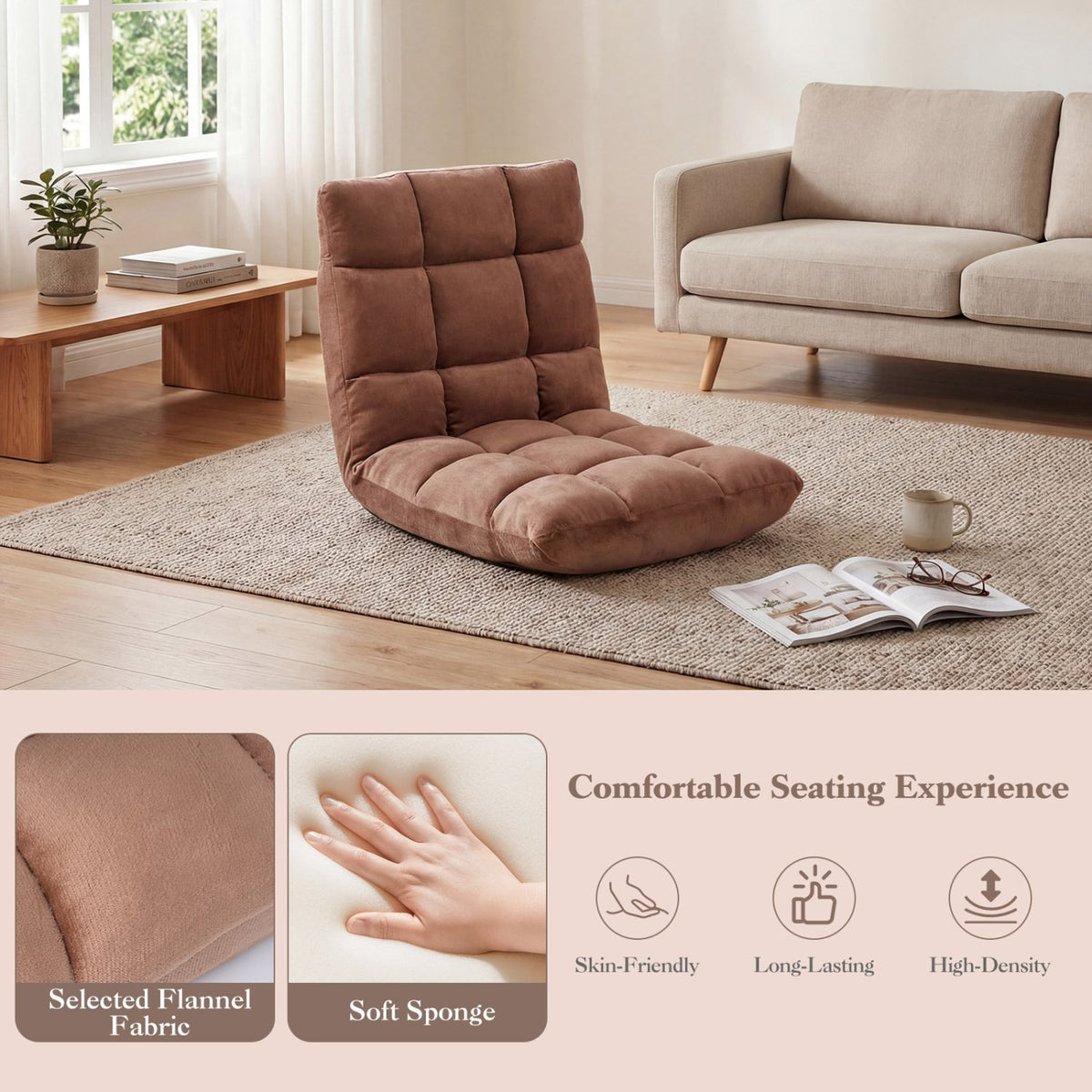 Adjustable 14-position Cushioned Floor Chair-Beige view 8