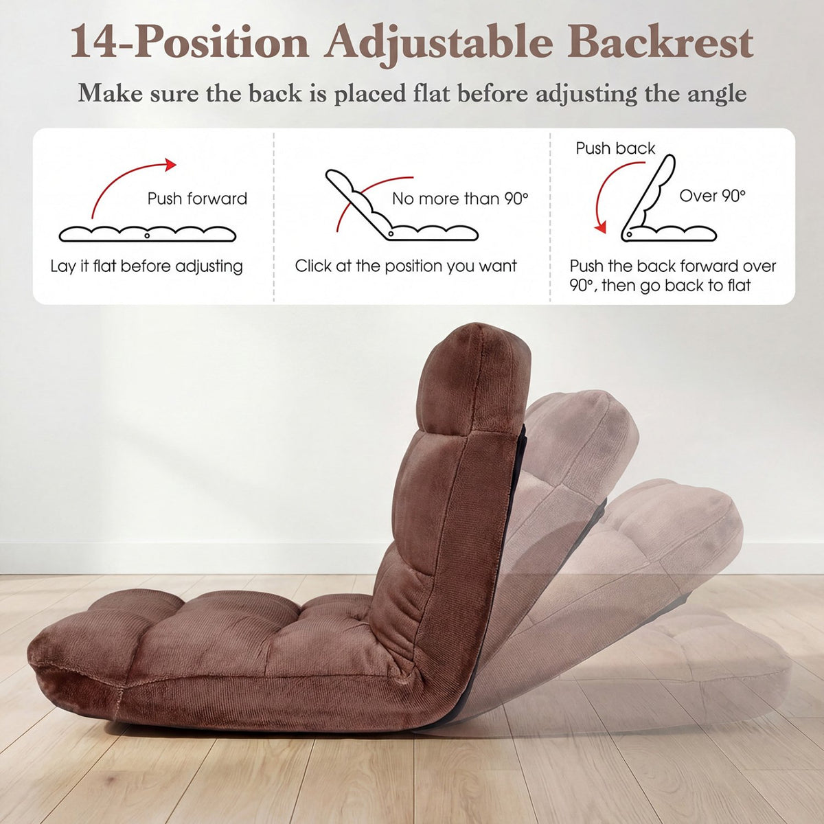 Adjustable 14-position Cushioned Floor Chair-Coffee view 6