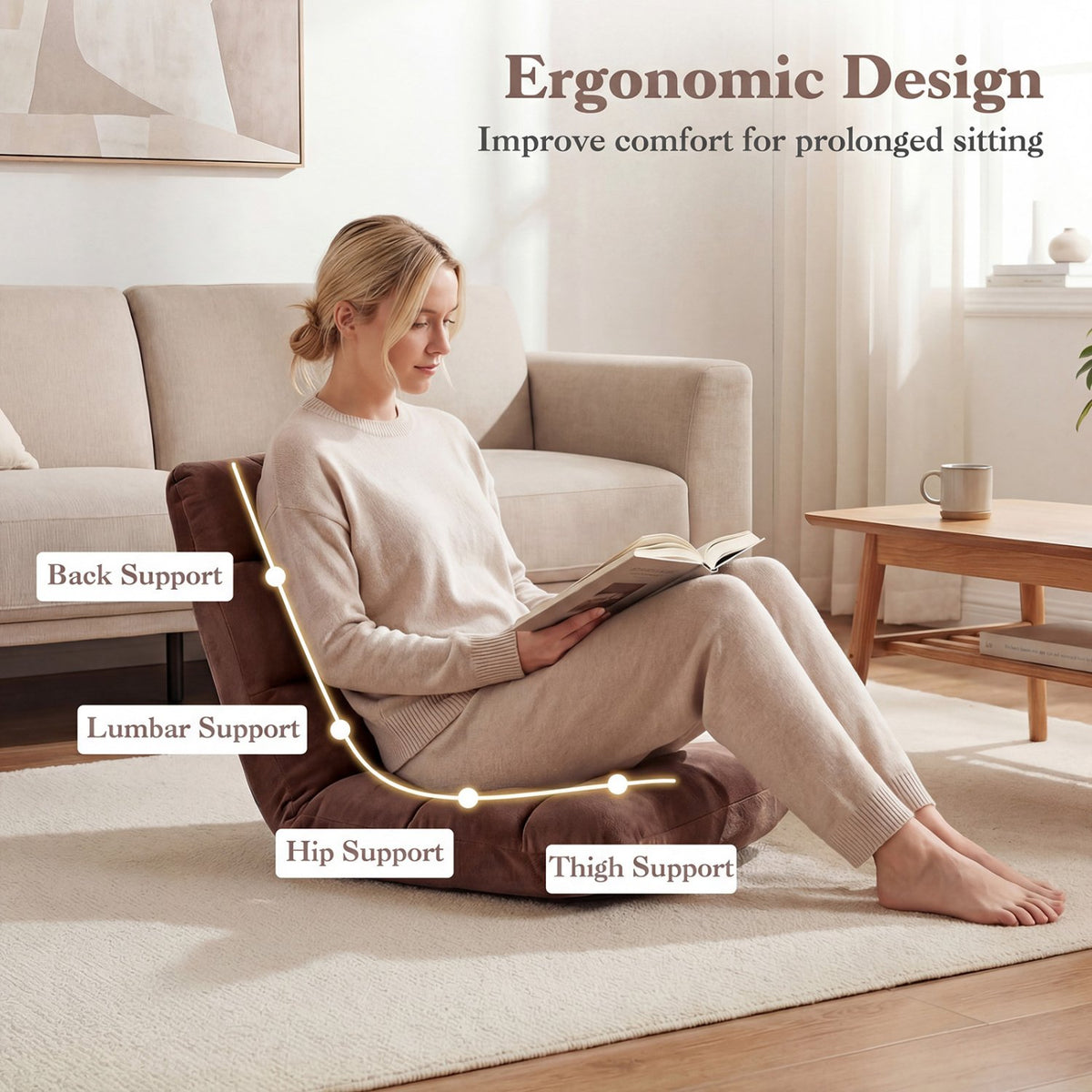 Adjustable 14-position Cushioned Floor Chair-Coffee view 7