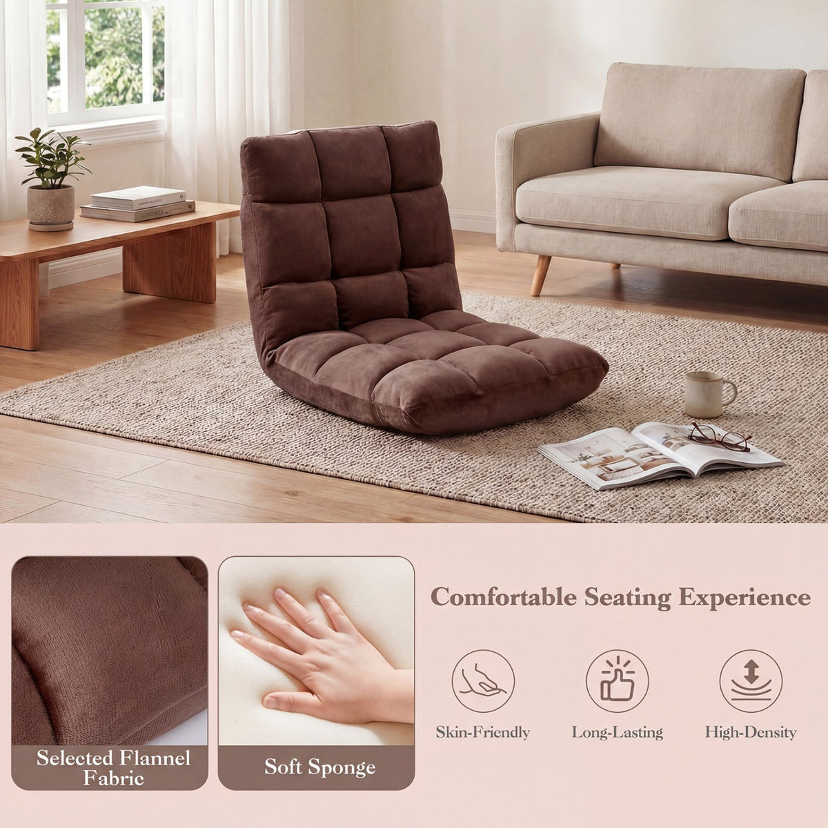 Adjustable 14-position Cushioned Floor Chair-Coffee view 8