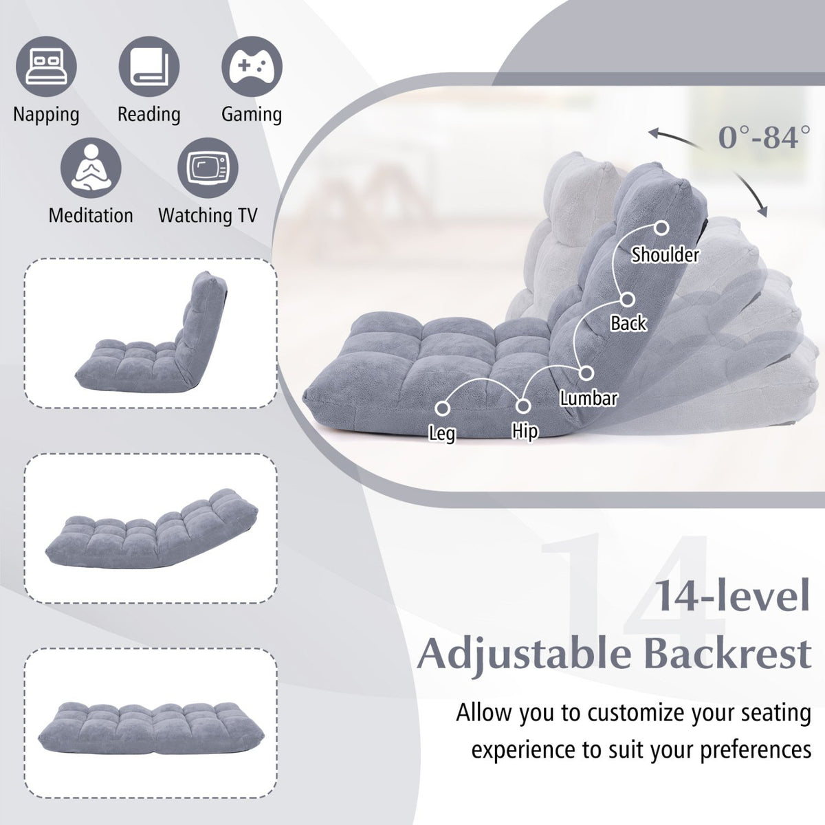 Adjustable 14-position Cushioned Floor Chair-Gray view 5