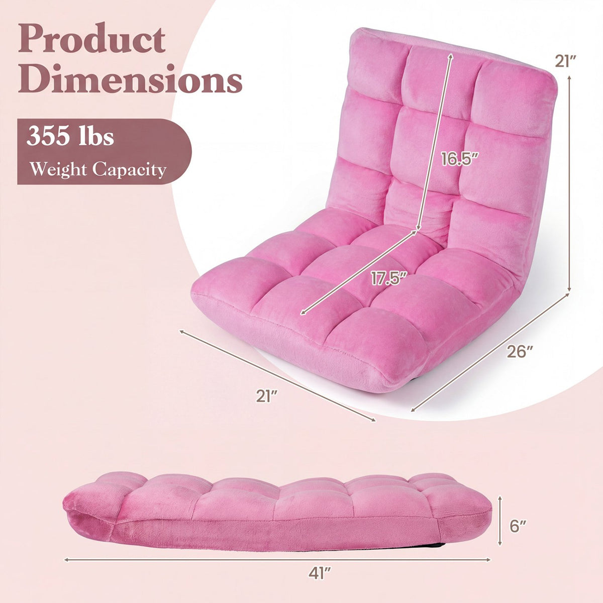 Adjustable 14-position Cushioned Floor Chair-Pink view 3