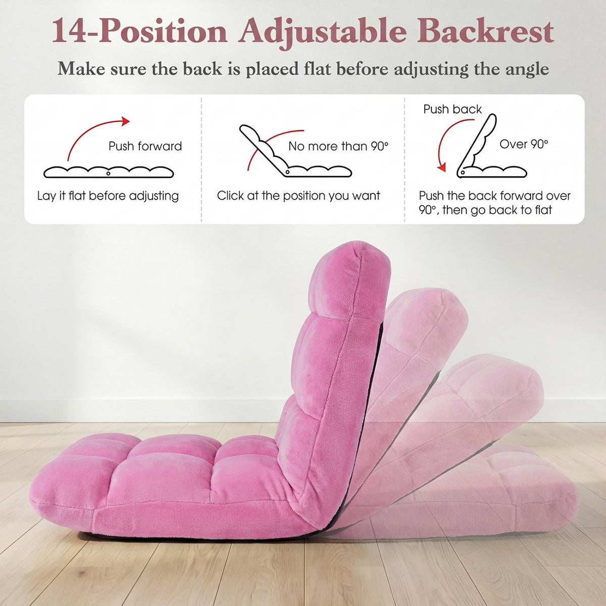 Adjustable 14-position Cushioned Floor Chair-Pink view 5