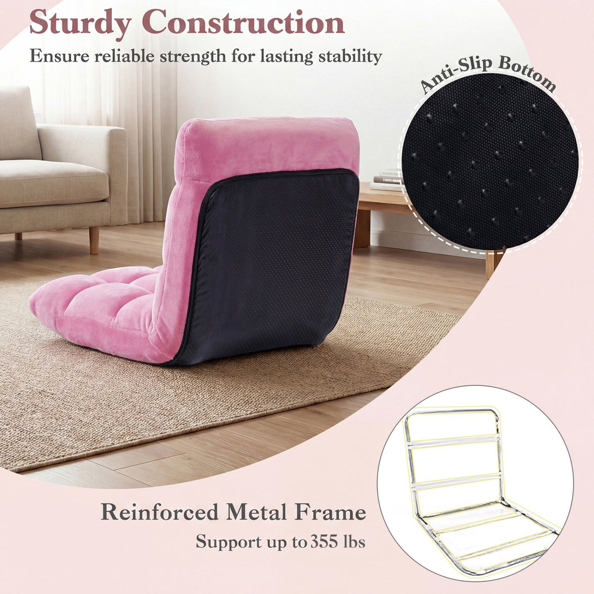 Adjustable 14-position Cushioned Floor Chair-Pink view 8