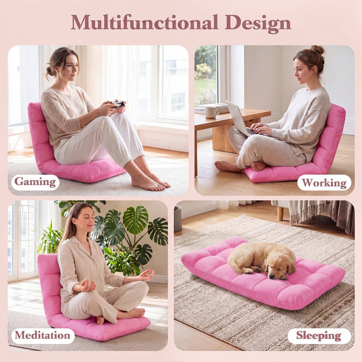 Adjustable 14-position Cushioned Floor Chair-Pink view 9