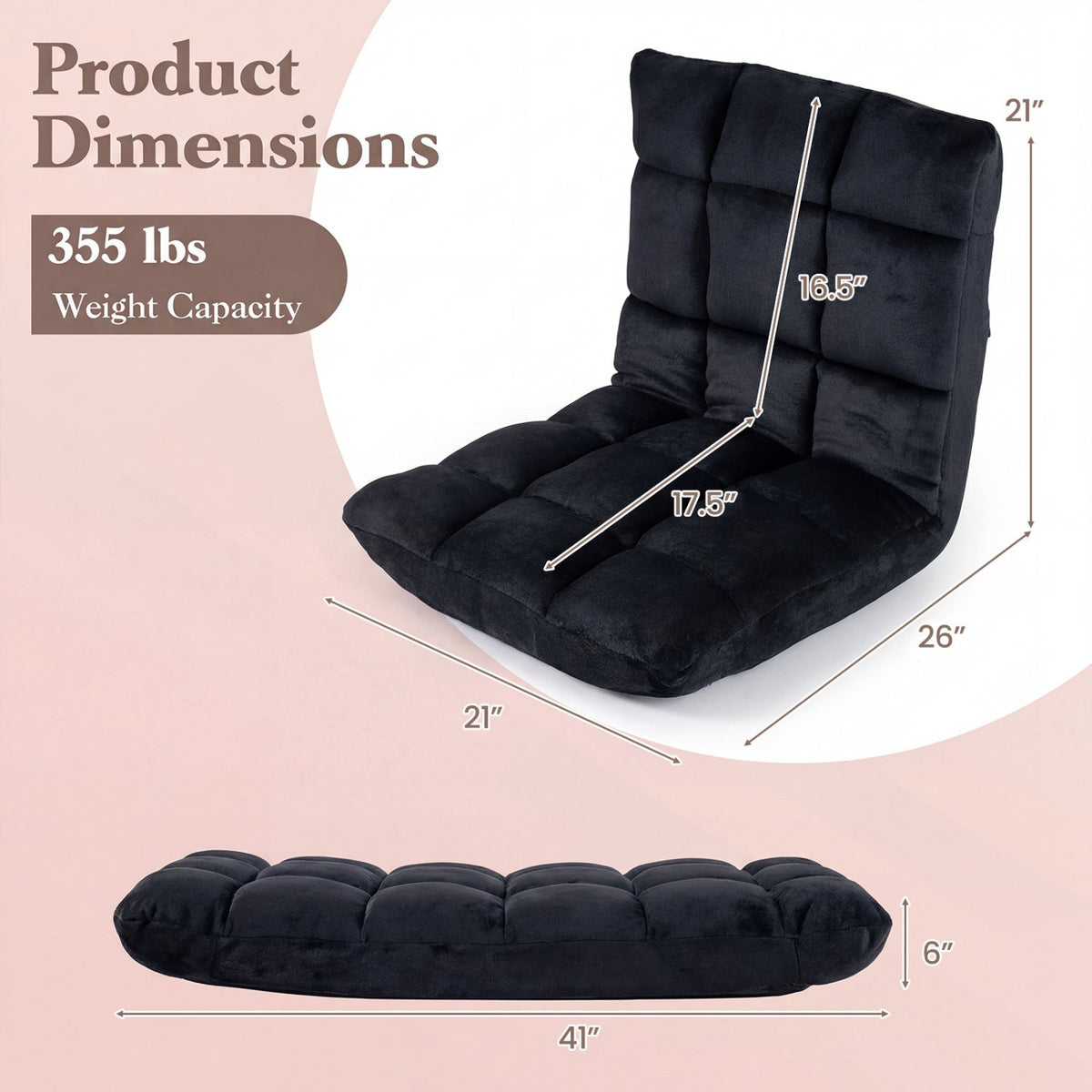Adjustable 14-Position Floor Chair Folding Lazy Gaming Sofa Chair-Black view 3