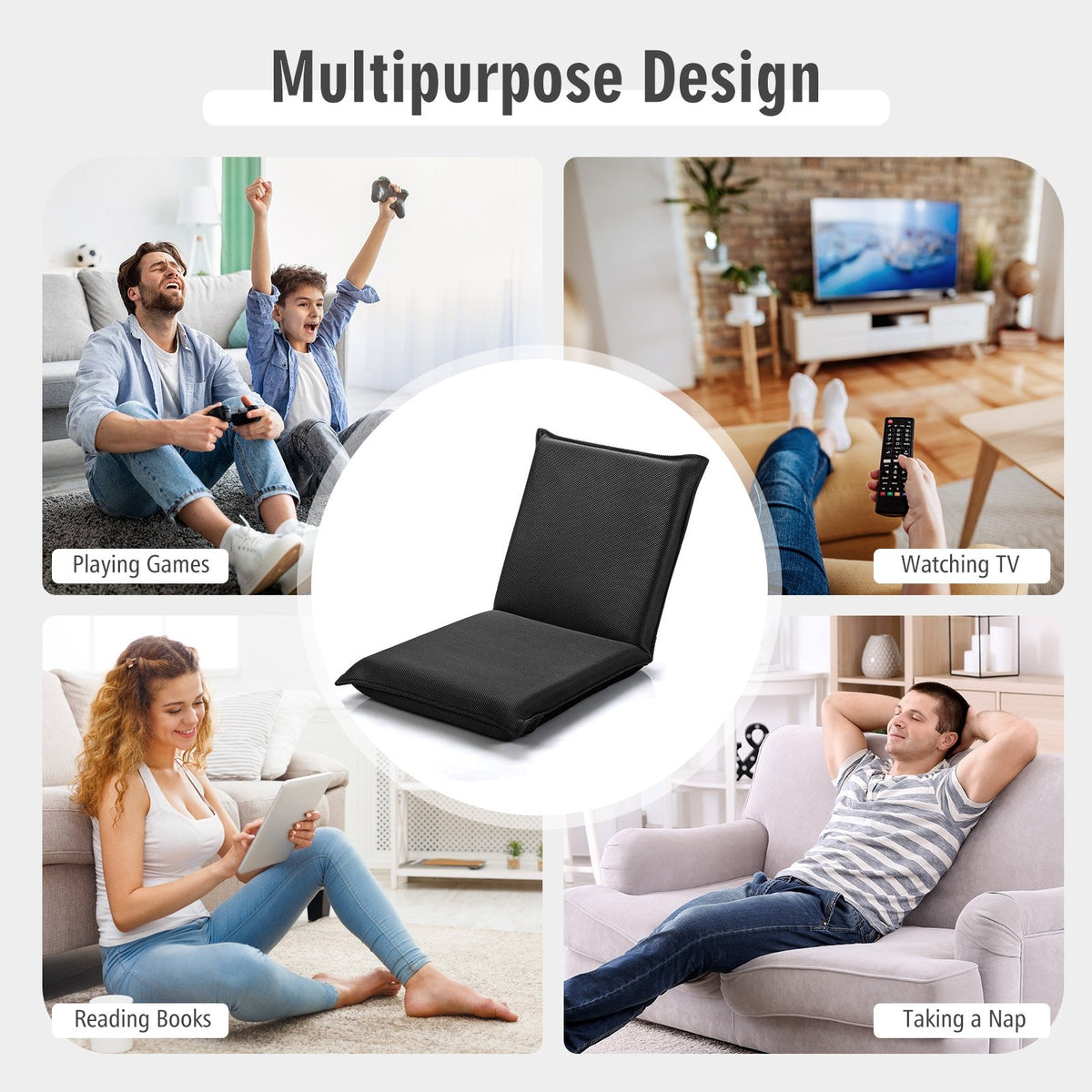 Adjustable 6 Positions Folding Lazy Man Sofa Chair Floor Chair-Black view 3