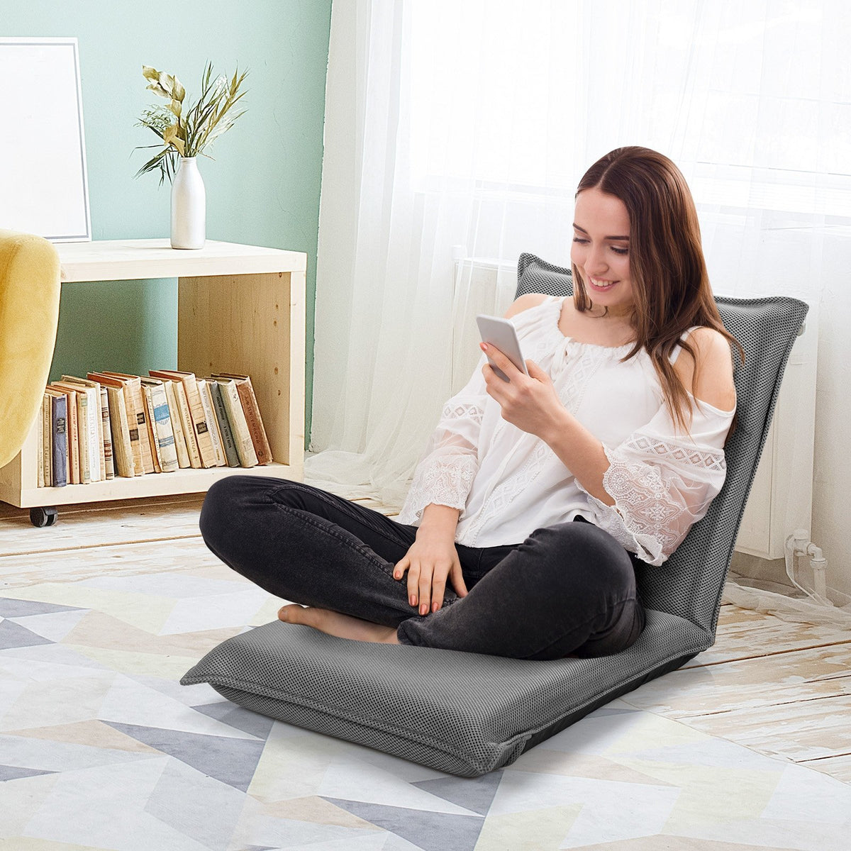 Adjustable 6 positions Folding Lazy Man Sofa Chair Floor Chair-Gray view 3