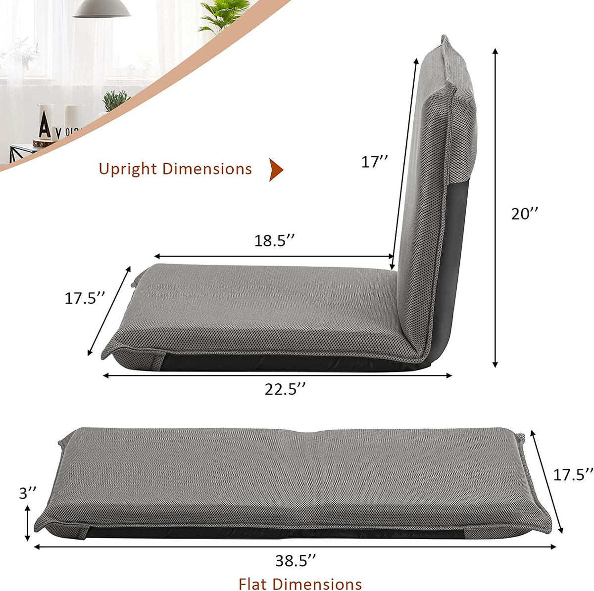 Adjustable 6 positions Folding Lazy Man Sofa Chair Floor Chair-Gray view 5