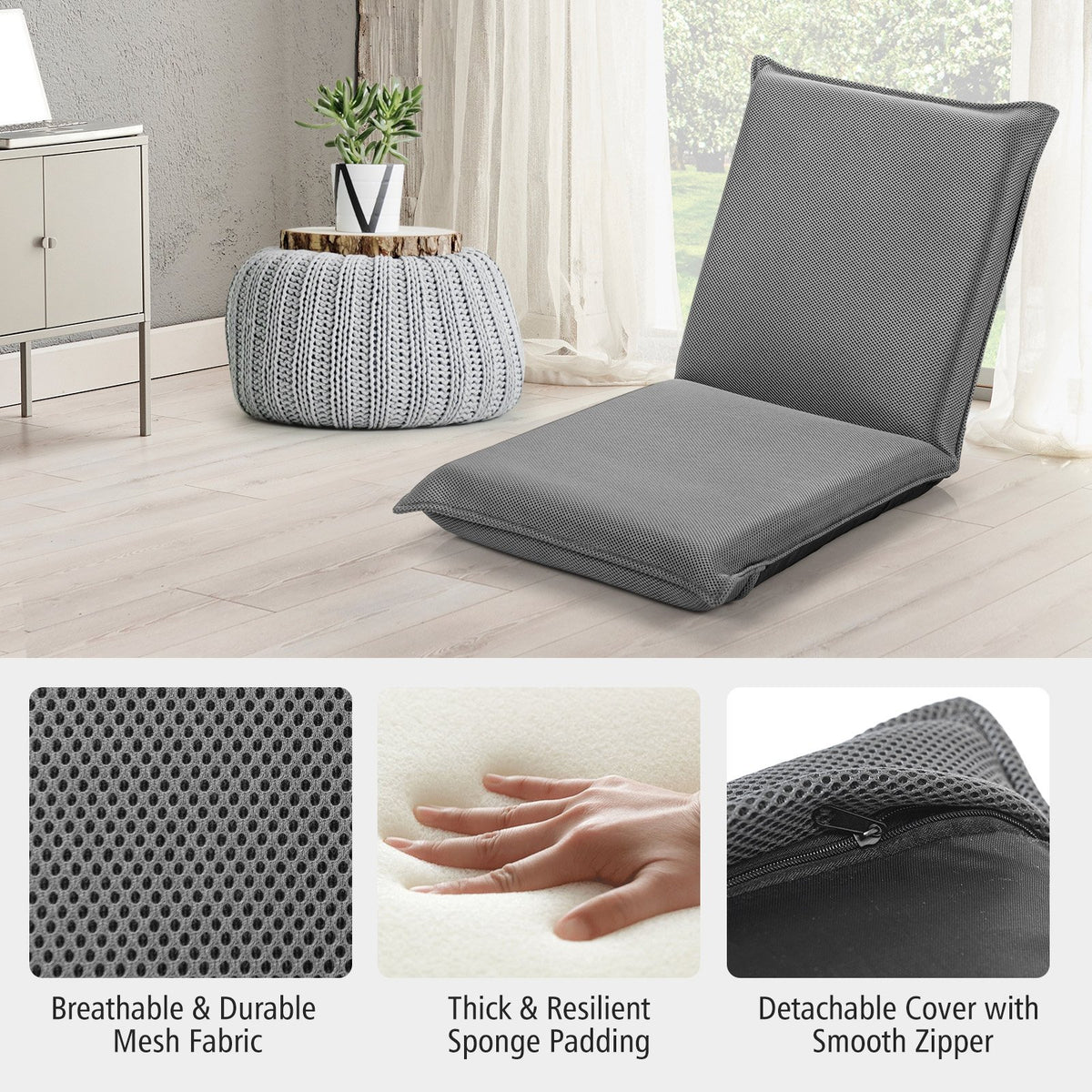 Adjustable 6 positions Folding Lazy Man Sofa Chair Floor Chair-Gray view 9