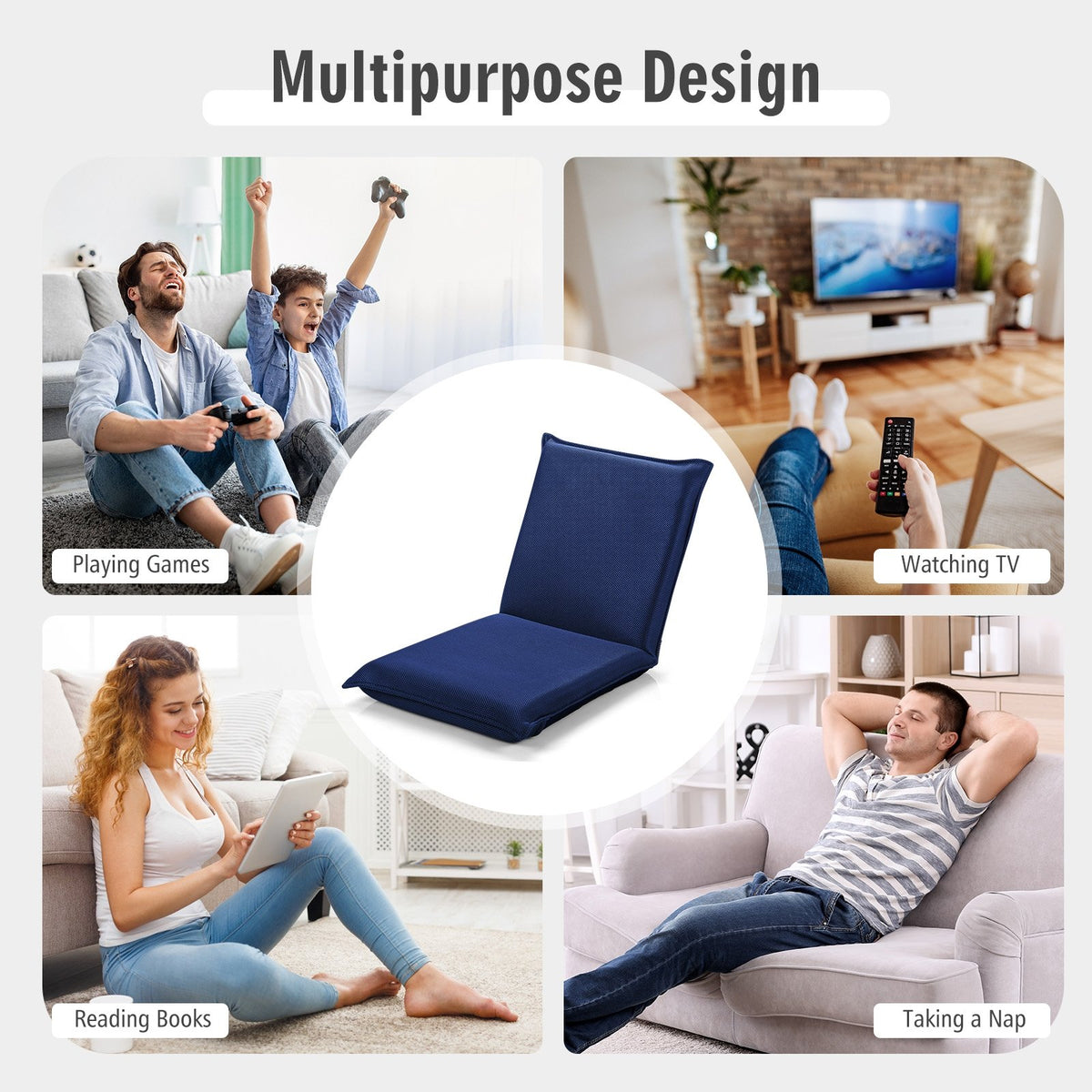 Adjustable 6 positions Folding Lazy Man Sofa Chair Floor Chair-Navy view 3
