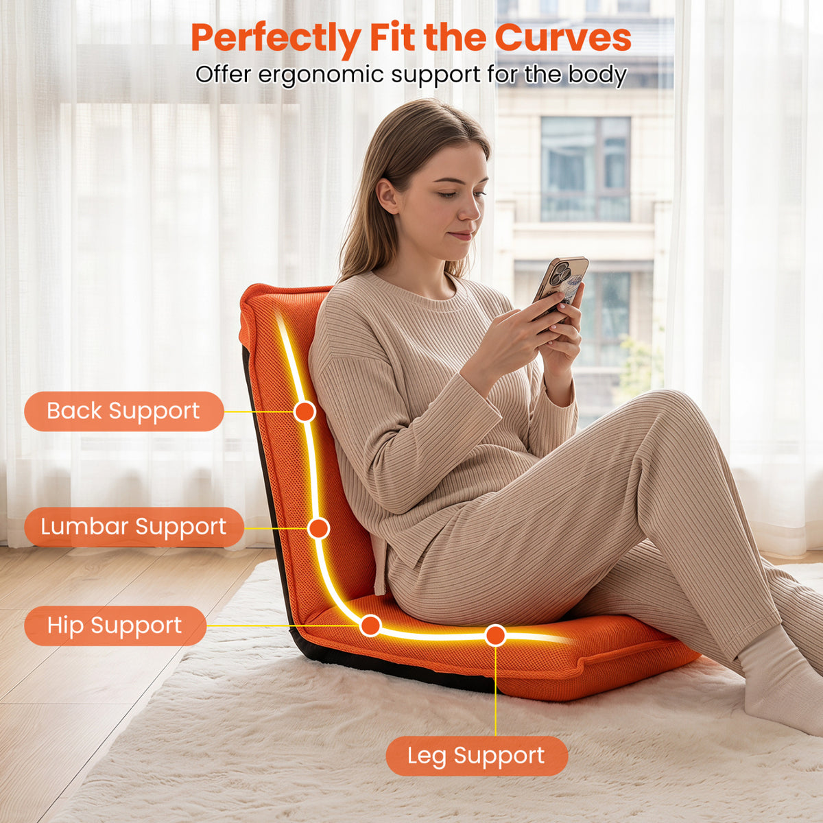 Adjustable 6 Positions Folding Lazy Man Sofa Chair Floor Chair-Orange view 7