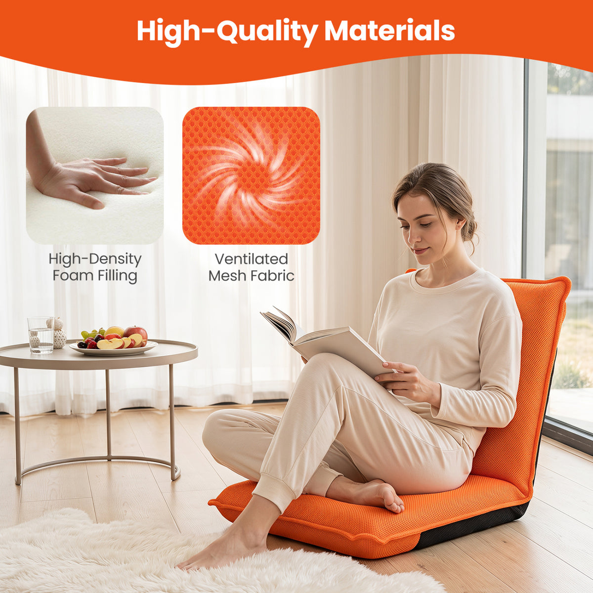 Adjustable 6 Positions Folding Lazy Man Sofa Chair Floor Chair-Orange view 9
