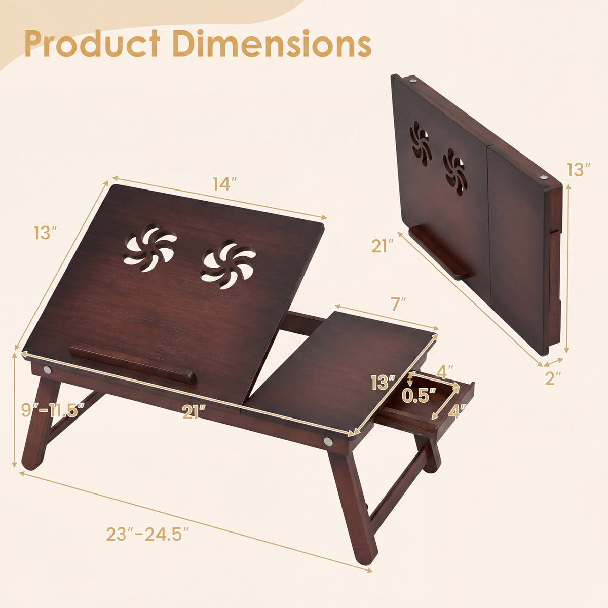Adjustable Bamboo Laptop Desk with Tilting Top and Adjustable Legs for Wring-Brown view 5