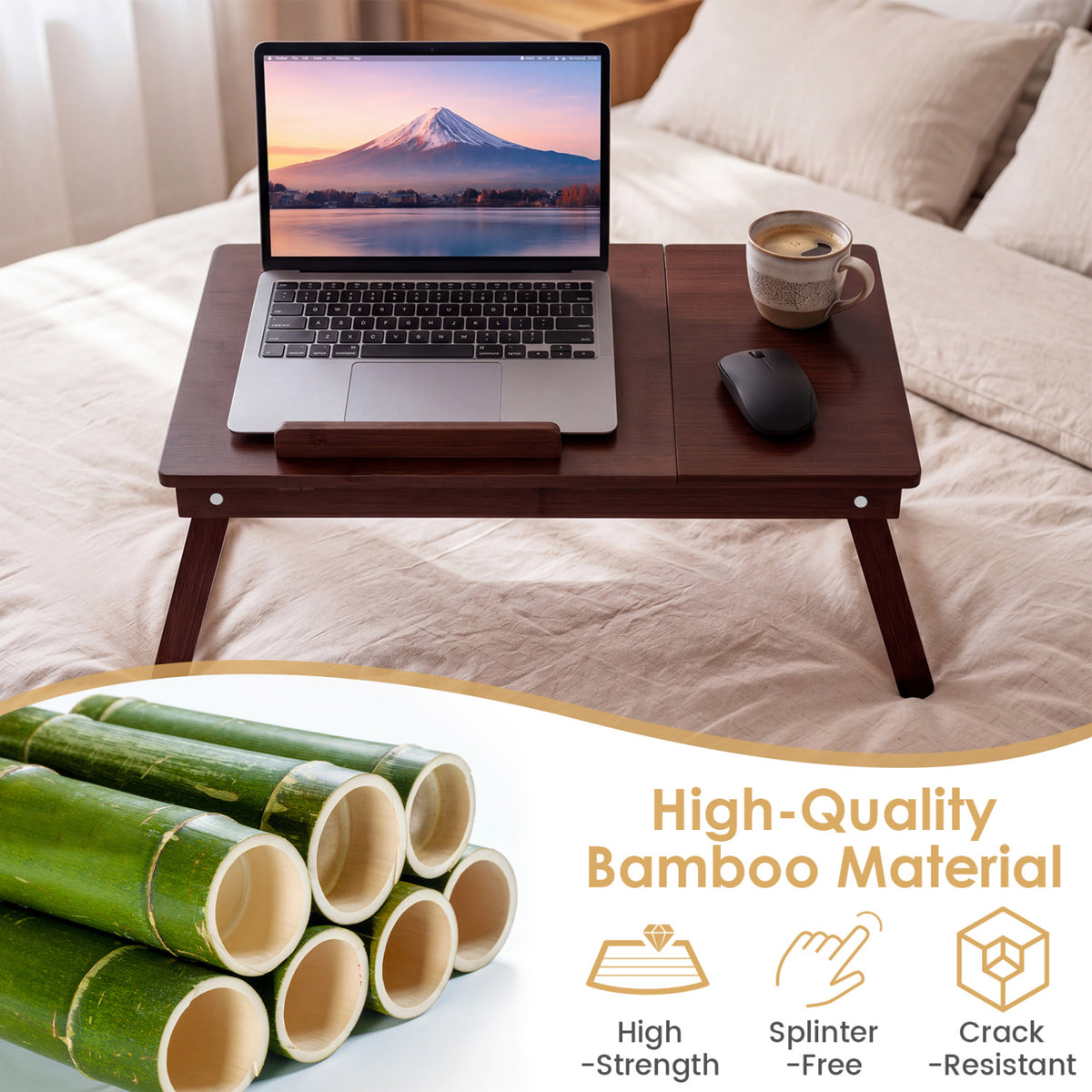 Adjustable Bamboo Laptop Desk with Tilting Top and Adjustable Legs for Wring-Brown view 6