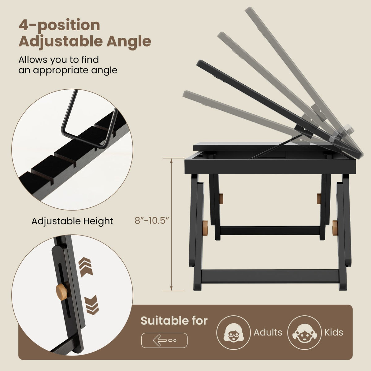 Adjustable Bamboo Laptop Desk with Tilting Top and Drawer-Brown view 6
