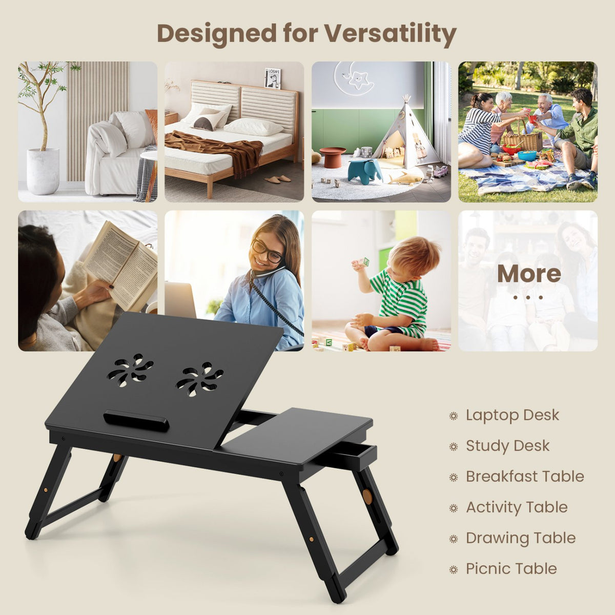 Adjustable Bamboo Laptop Desk with Tilting Top and Drawer-Brown view 9