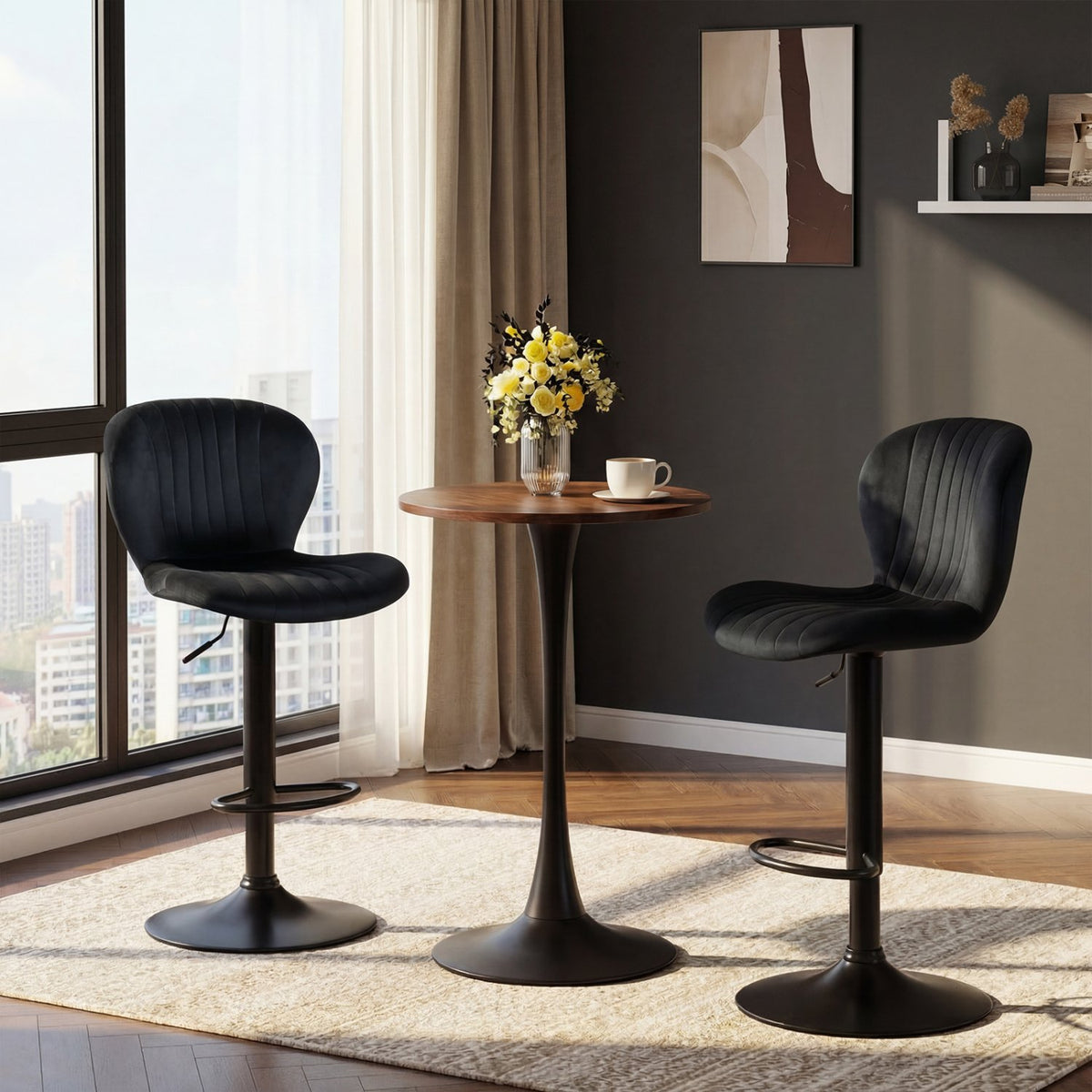 Adjustable Counter Height Chairs Set of 2 with Velvet Upholstered Backrests-Black view 3