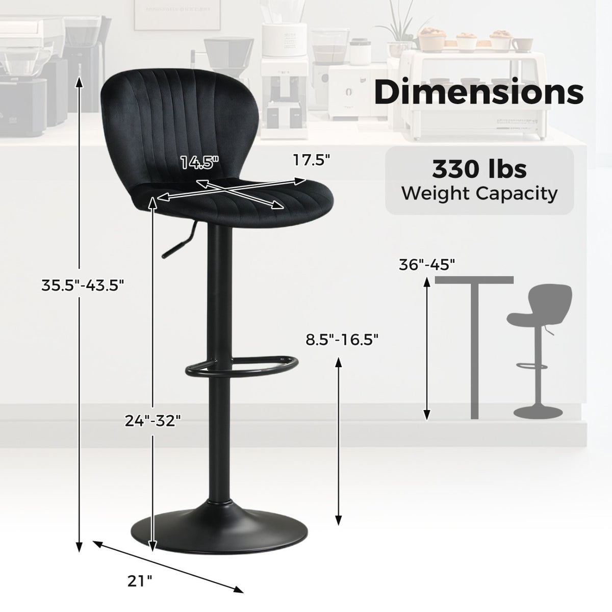 Adjustable Counter Height Chairs Set of 2 with Velvet Upholstered Backrests-Black view 5