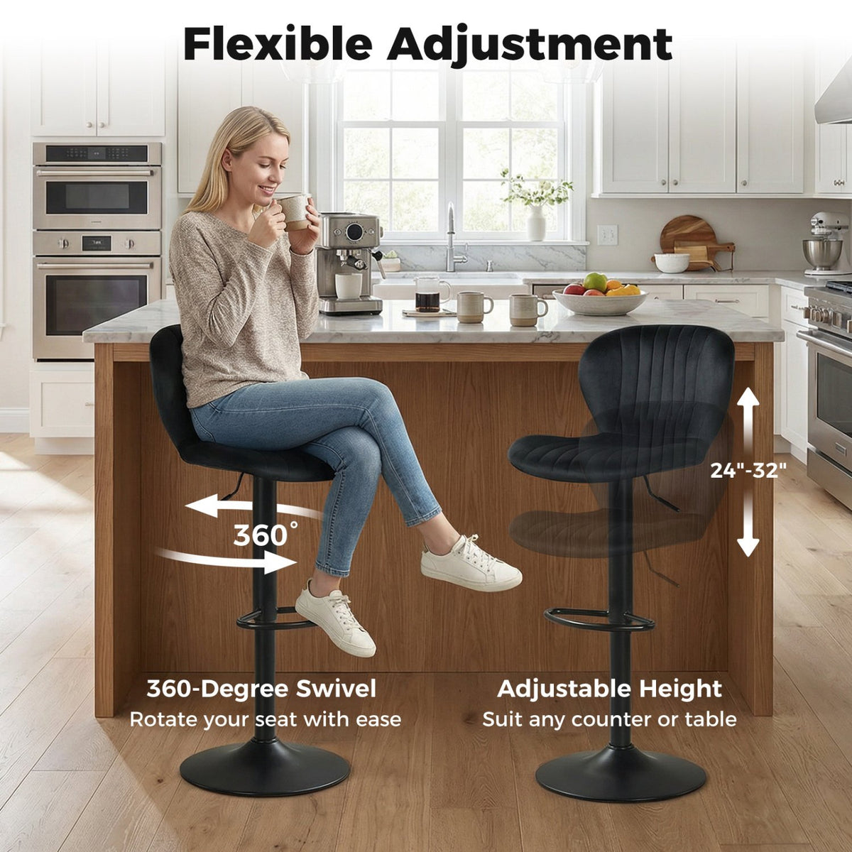Adjustable Counter Height Chairs Set of 2 with Velvet Upholstered Backrests-Black view 8