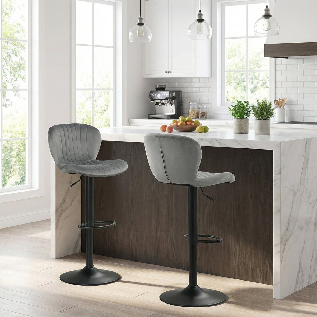 Adjustable Counter Height Chairs Set of 2 with Velvet Upholstered Backrests-Gray view 2