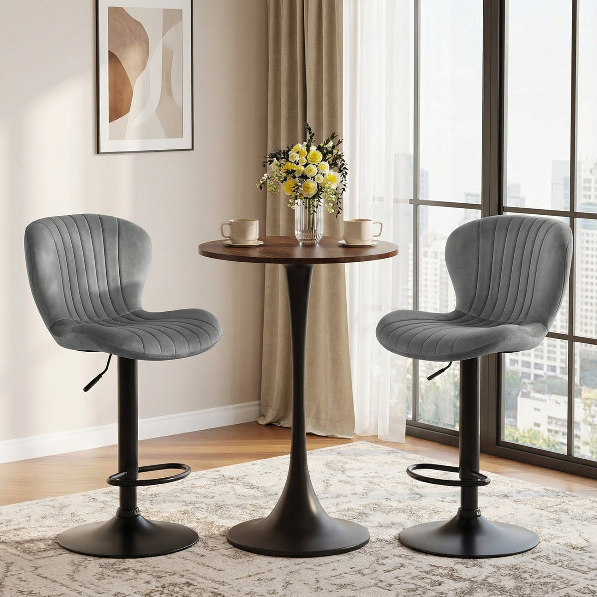 Adjustable Counter Height Chairs Set of 2 with Velvet Upholstered Backrests-Gray view 3