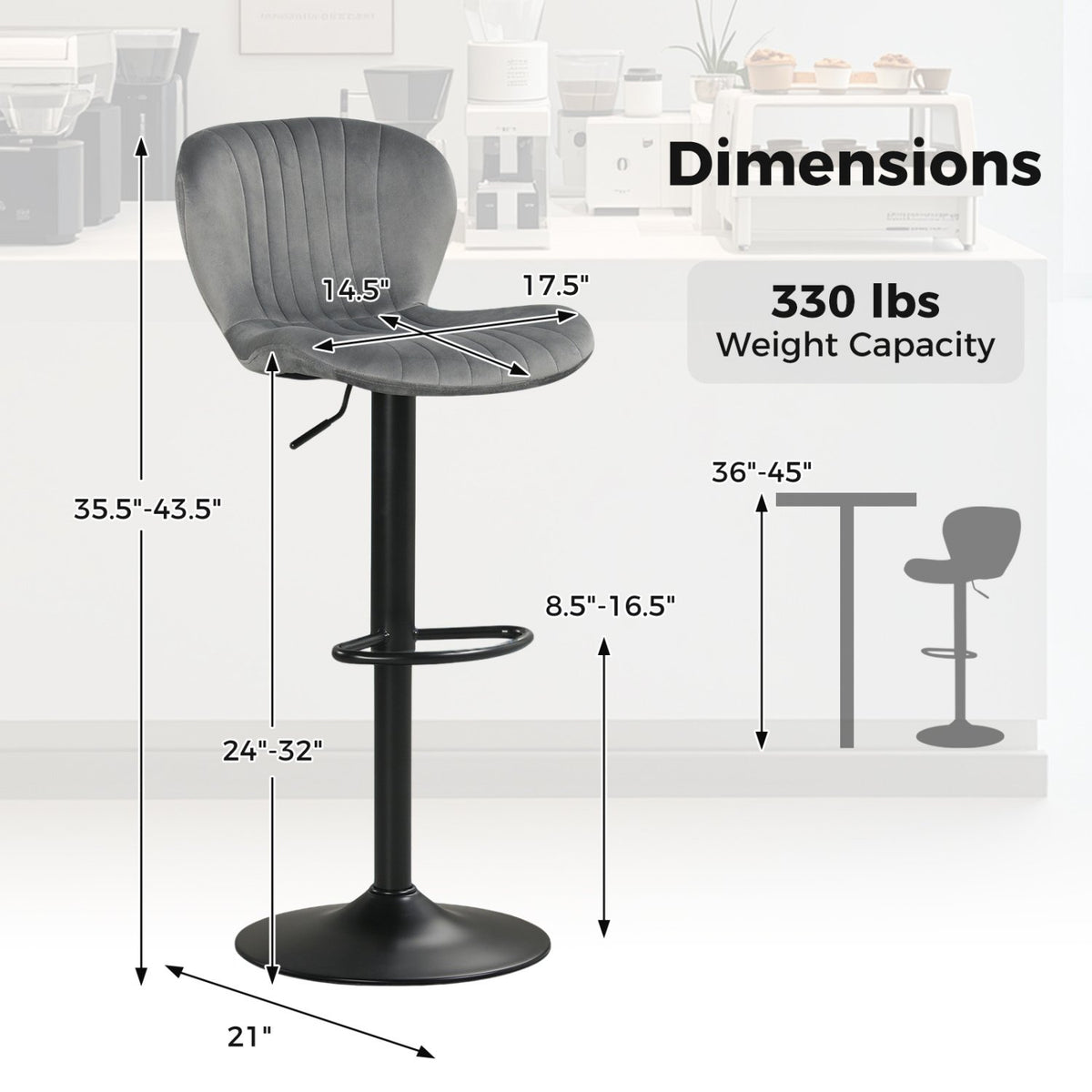 Adjustable Counter Height Chairs Set of 2 with Velvet Upholstered Backrests-Gray view 5